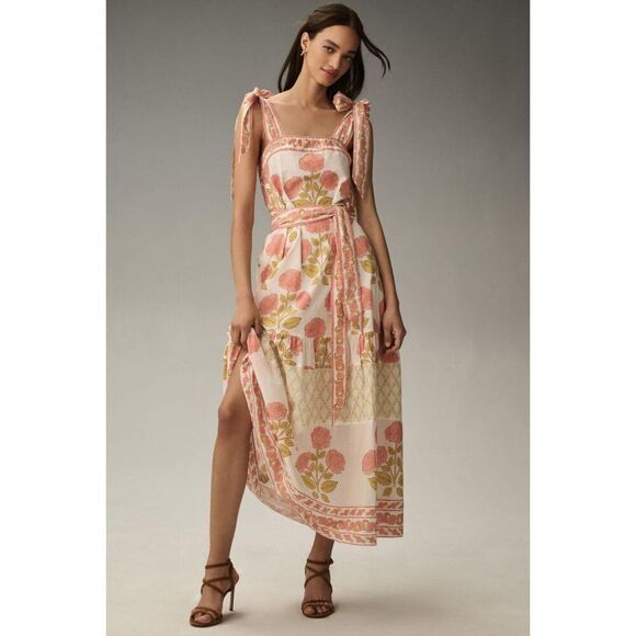 Anthropologie Dresses & Skirts - NEW Sue Sartor Tie-Shoulder Sundress Floral Cotton Midi White Pink Size Medium
